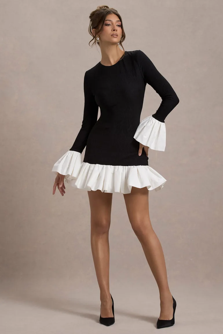 Josefina | Black Long-Sleeve Mini Dress With White Satin Trims - 1