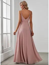 ever RENÉ |Pleated V-Neck Spaghetti Strap High Slit Bridesmaid Dress - 1