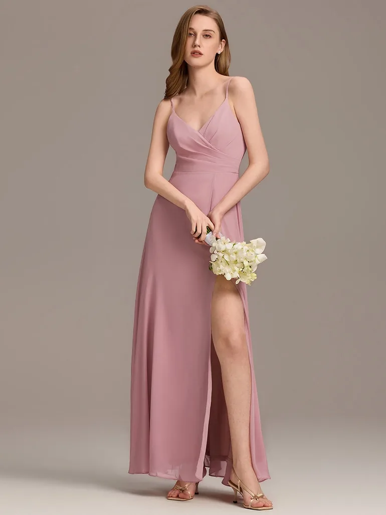 ever RENÉ |Pleated V-Neck Spaghetti Strap High Slit Bridesmaid Dress - 2