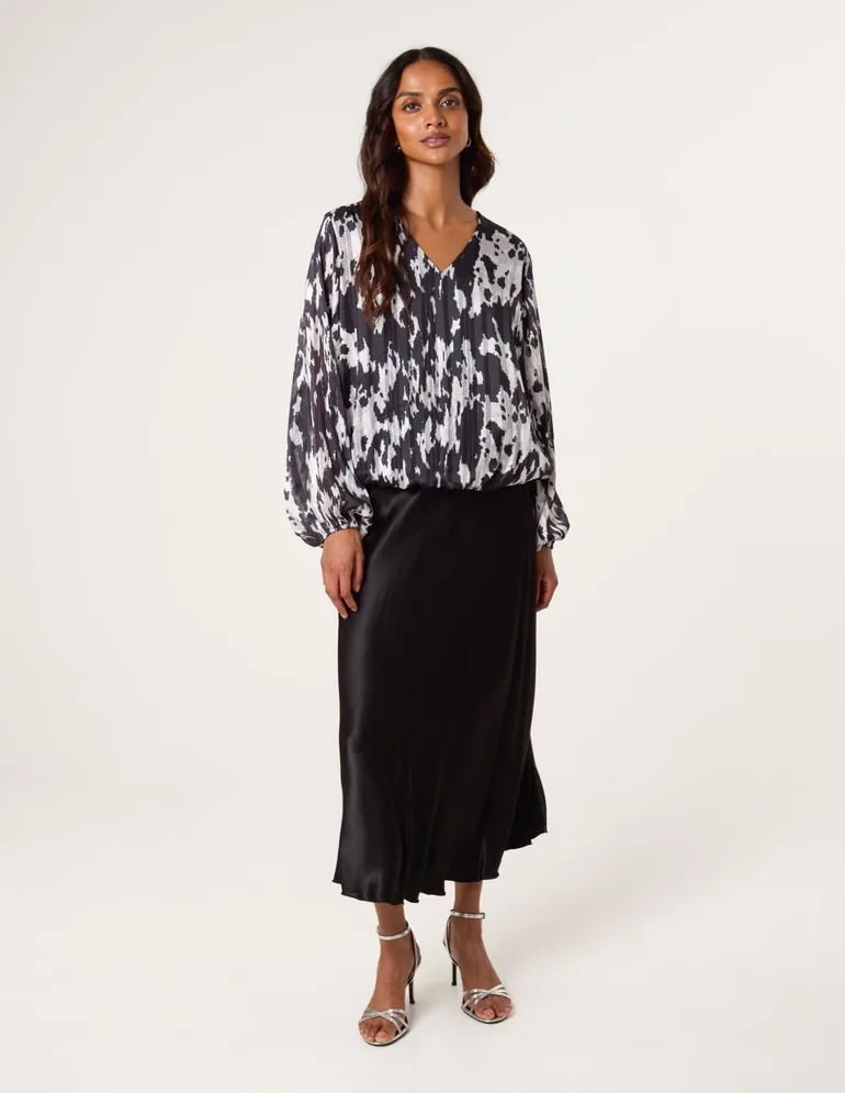 Metallic V Neck Bubble Hem Blouse - 1