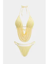 Metallic Halter Neck Backless Tie-Up Bikini Set - 1