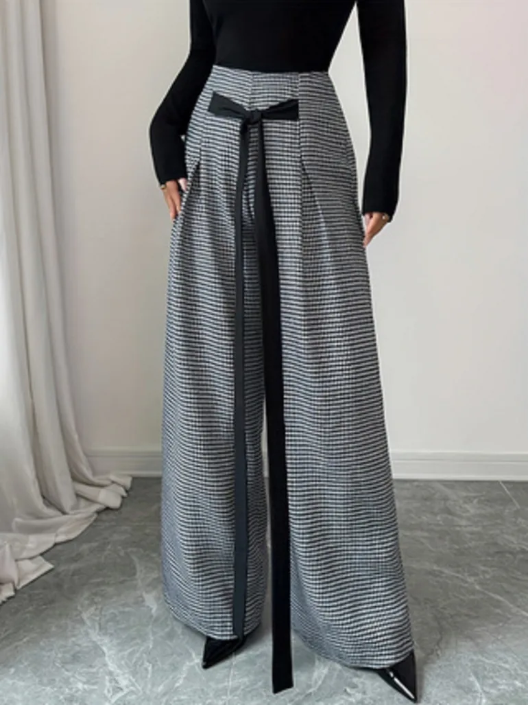 Houndstooth Wide Leg Trousers with Tie Waist