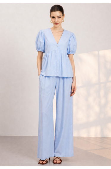 Deep V-Neck Puff Sleeve Peplum Top and Pants Set in Blue for Casual Errands & Weekend Strolls product thumbnail 2