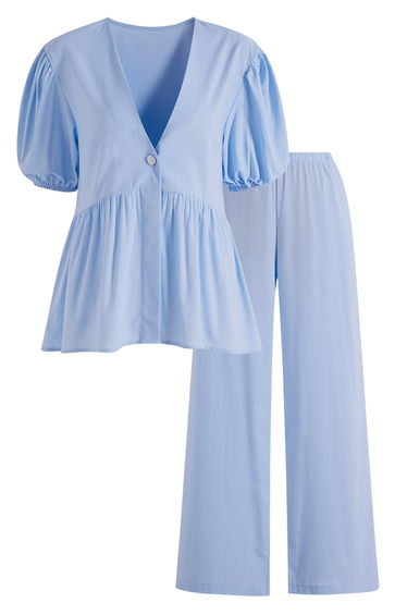 Deep V-Neck Puff Sleeve Peplum Top and Pants Set in Blue for Casual Errands & Weekend Strolls product thumbnail 4