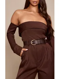 Chocolate Woven Bardot Long Sleeve Belt Detail Jumpsuit - 3