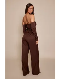 Chocolate Woven Bardot Long Sleeve Belt Detail Jumpsuit - 1