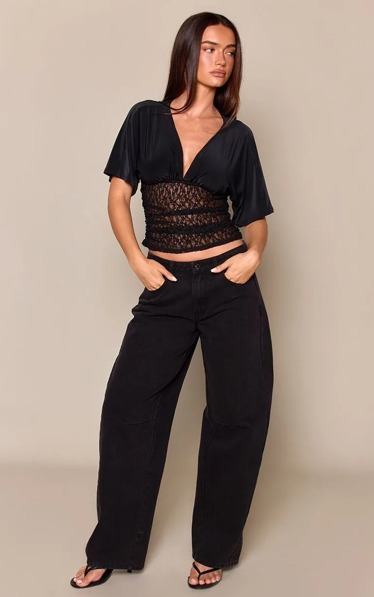 Black Textured Lace Waist Detail Top