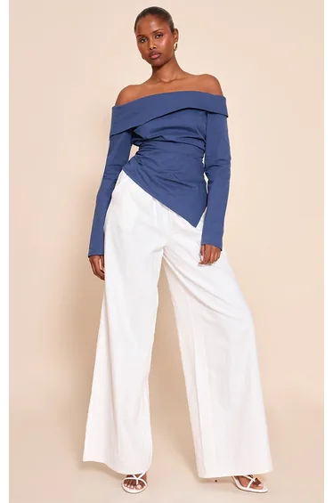 Navy Cotton Ruched Asymmetric Hem Bardot Top