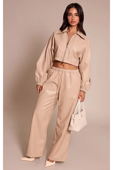 Petite Stone Faux Leather Elasticated Wide Leg Trousers