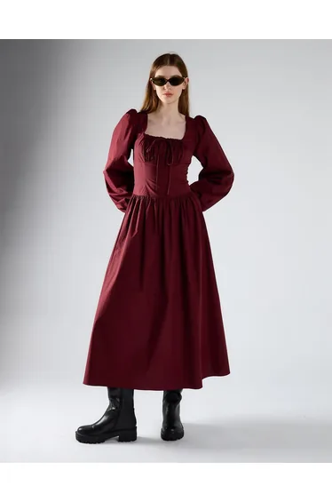Burgundy Ruched Bust Long Sleeve Midi Dress