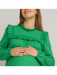Cotton Ruffled Maternity T-Shirt with Long Puff Sleeves - 3