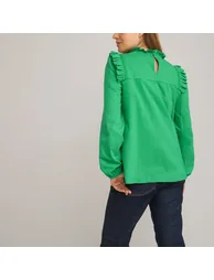 Cotton Ruffled Maternity T-Shirt with Long Puff Sleeves - 2
