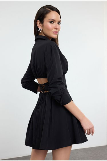 Black Corset Detailed Poplin Woven Dress product thumbnail 2