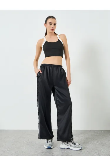 Black Dual Side Stripe Toggle Adjuster Straight Pants