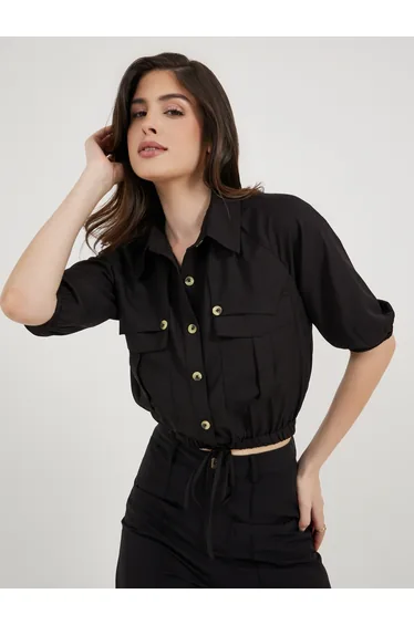 Balloon Sleeve Crop Shirt with Drawstring and Pockets Detail