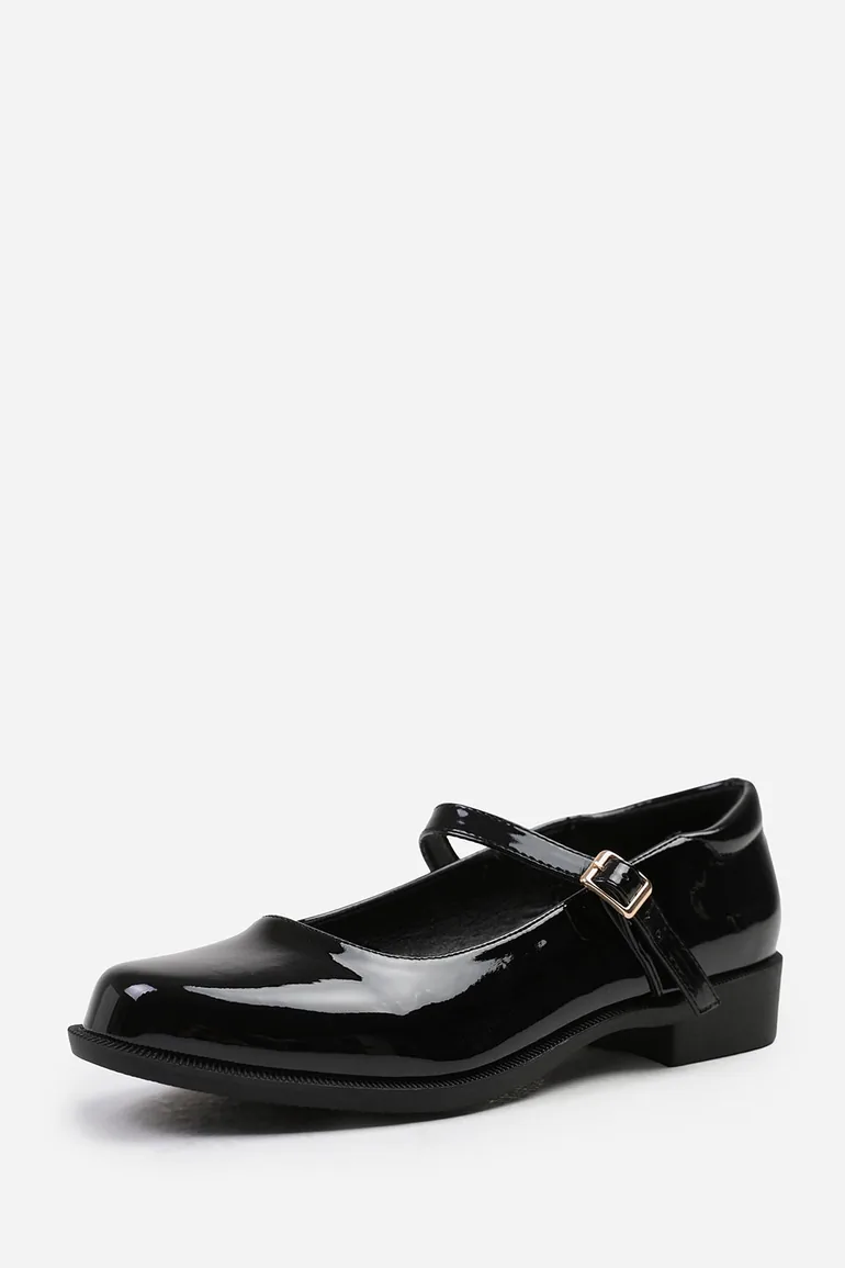 SHAISHA WIDE FIT LOW HEEL LOAFER WITH STRAP AND BUCKLE DETAIL IN BLACK PATENT - 2