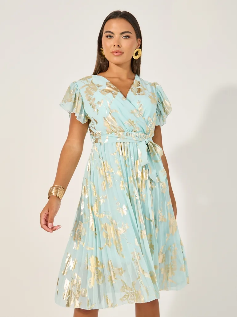 Printed Ruffle Sleeves Pleated Wrap Midi Dress - 2
