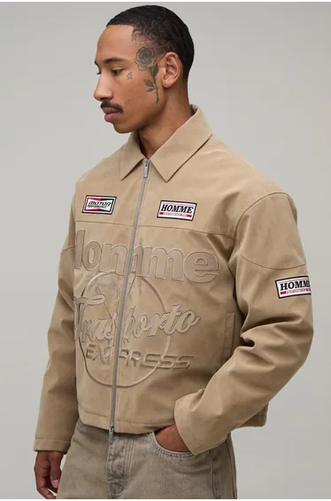 Faux Suede Homme Varsity Bomber Jacket - stone