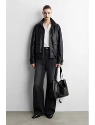 High-Neck Leather Jacket with Cargo Pockets - 3