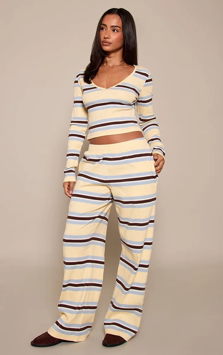 Petite Cream Stripe Ribbed Straight Leg Trousers - 5