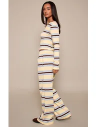 Petite Cream Stripe Ribbed Straight Leg Trousers - 2