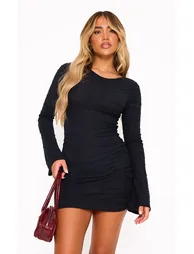 Black Textured Flared Sleeve Shift Dress - 5
