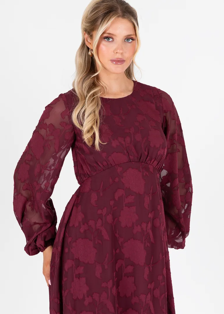 Lovedrobe Red Floral Burnout Long Sleeve Keyhole Back Midaxi Dress - 2