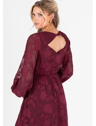 Lovedrobe Red Floral Burnout Long Sleeve Keyhole Back Midaxi Dress - 3