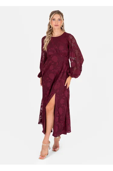 Lovedrobe Red Floral Burnout Long Sleeve Keyhole Back Midaxi Dress