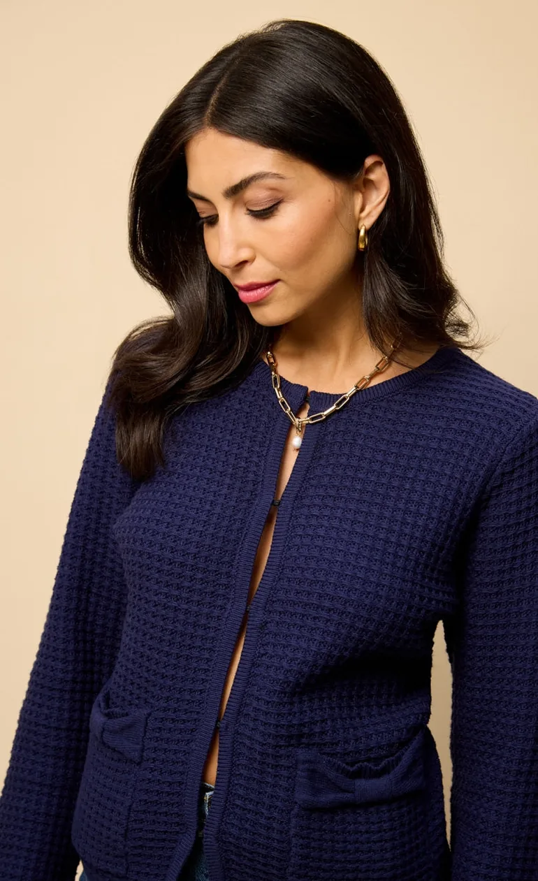 Navy Knitted Bow Pocket Detail Cardigan