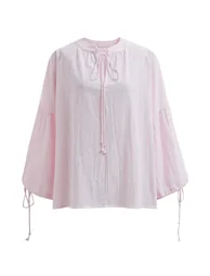 Lantern Sleeve Drawstring Shirt and Shorts Set in Light Pink - 2