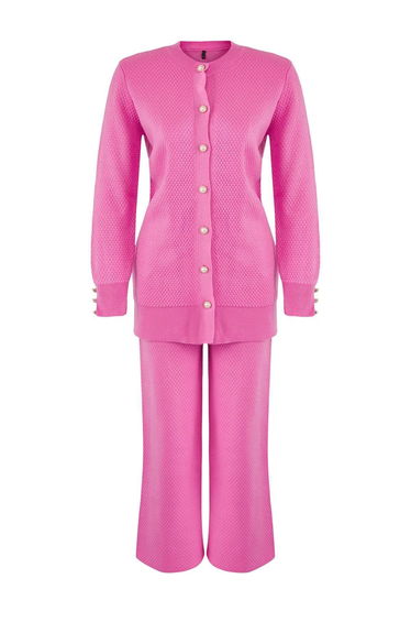 Pink Pearl Buttoned Knitwear Top-Bottom Set