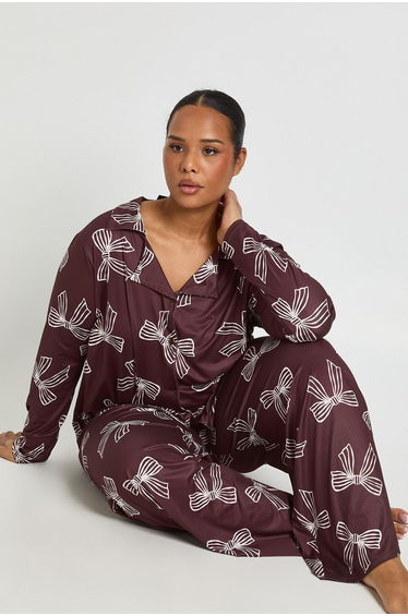 Plus Bow Print Long Sleeve Shirt & Trouser Pyjama Set - chocolate product thumbnail 2
