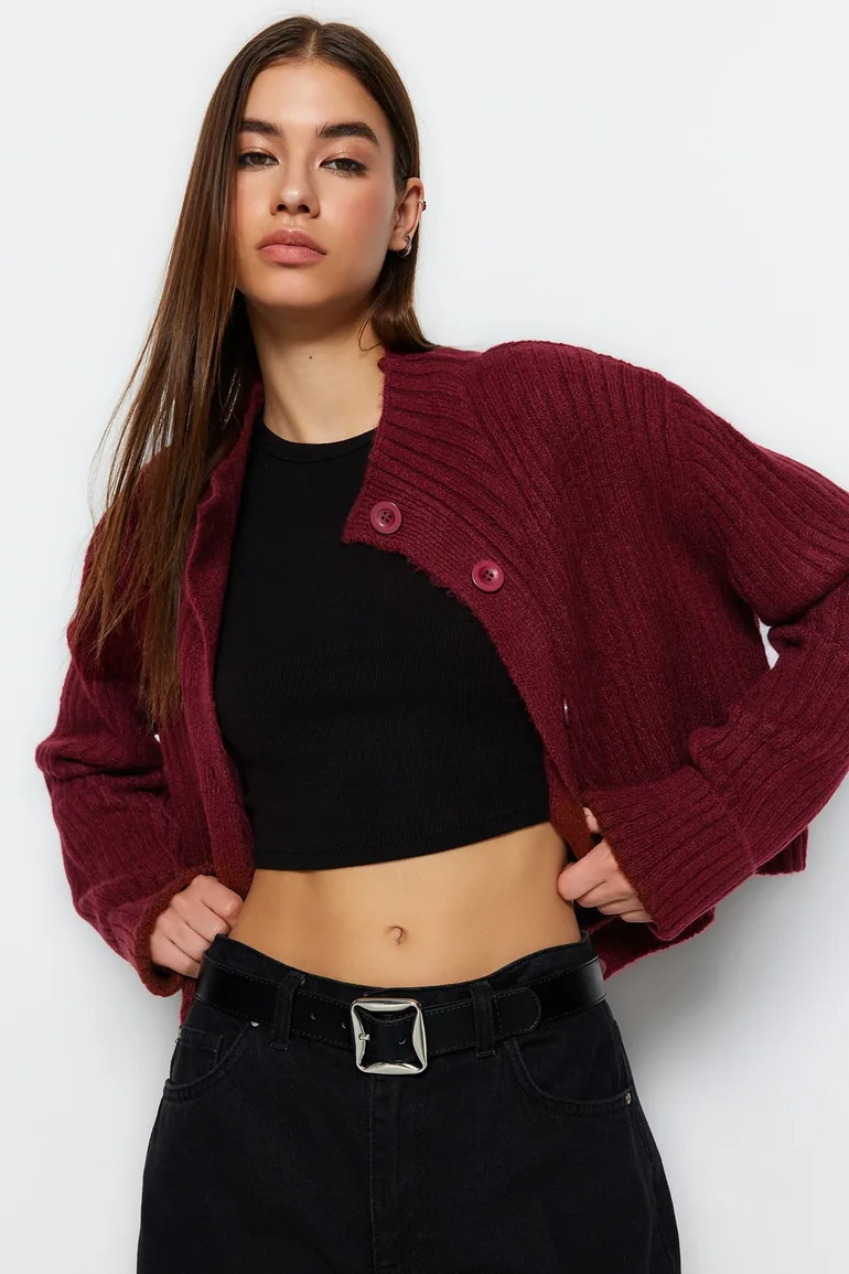 Claret Red Crop Soft Textured Stand-Up Collar Knitwear Cardigan - 2