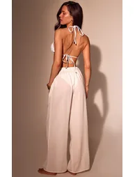 White Linen Look Drawstring Beach Trousers - 2