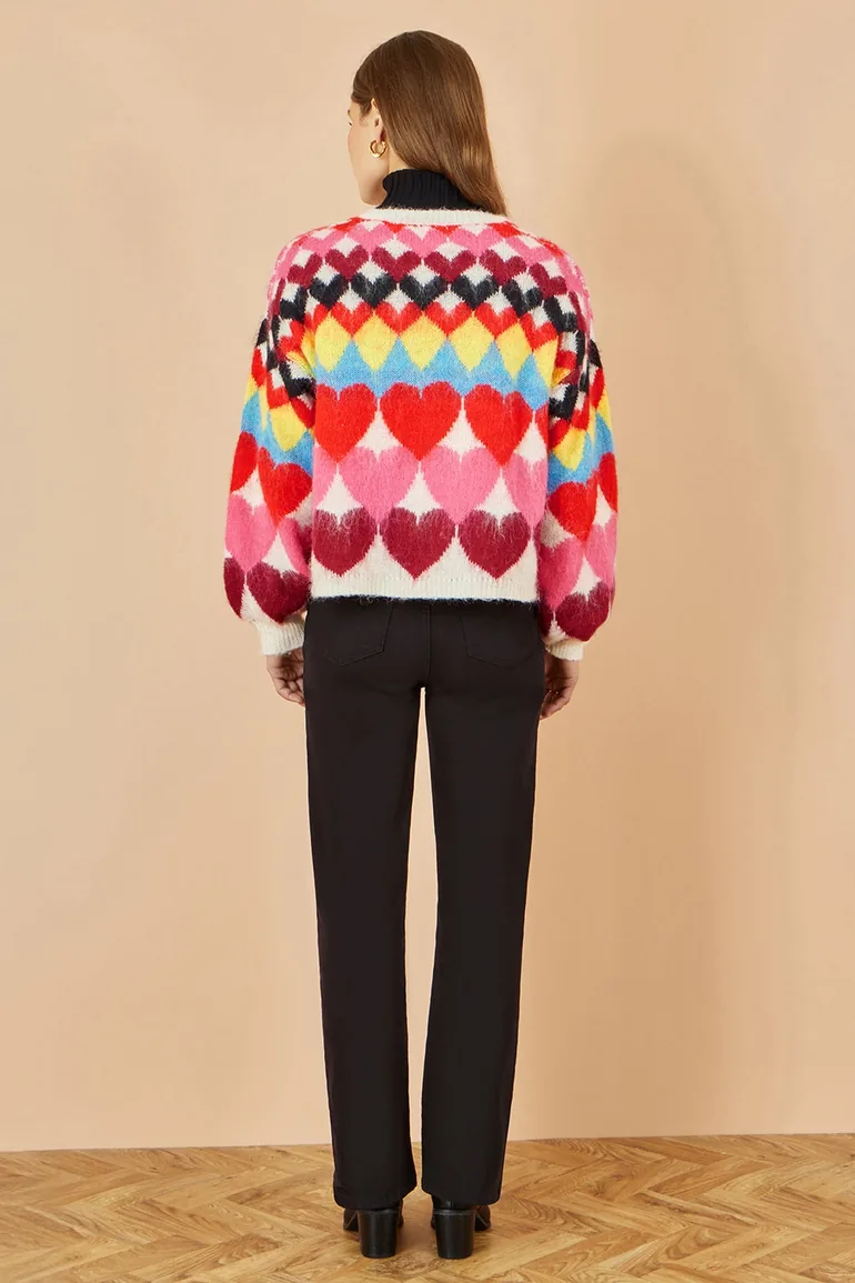 Yumi Multicolour Tie Front Heart Intarsia Cardigan - 4