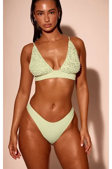 Green Embellished Sequin Bikini Top