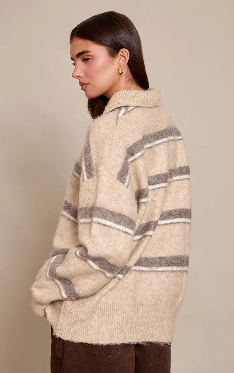 Taupe Striped Brushed Knit Oversized Rugby Style Jumper - 2