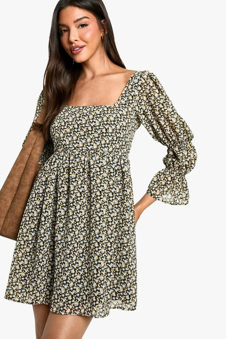 Floral Gathered Puff Sleeve Smock Dress - 1