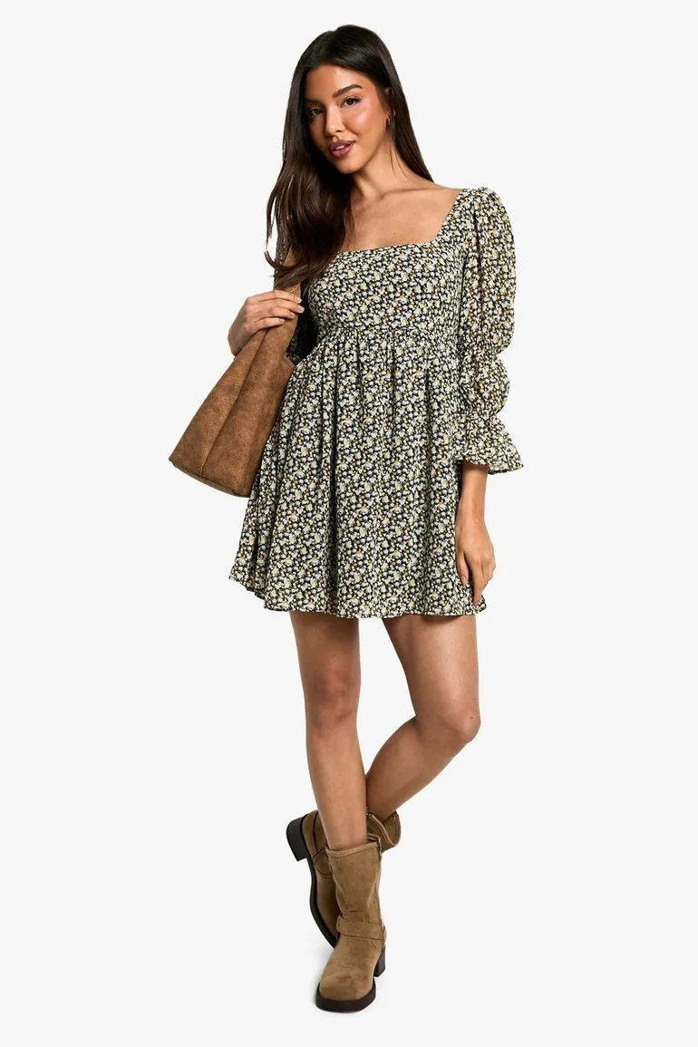 Floral Gathered Puff Sleeve Smock Dress