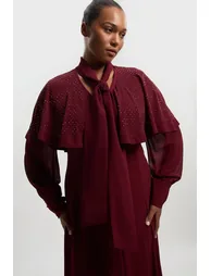 Plus Size Hotfix Studded Tie Neck Detail Cape Woven Dress - 1