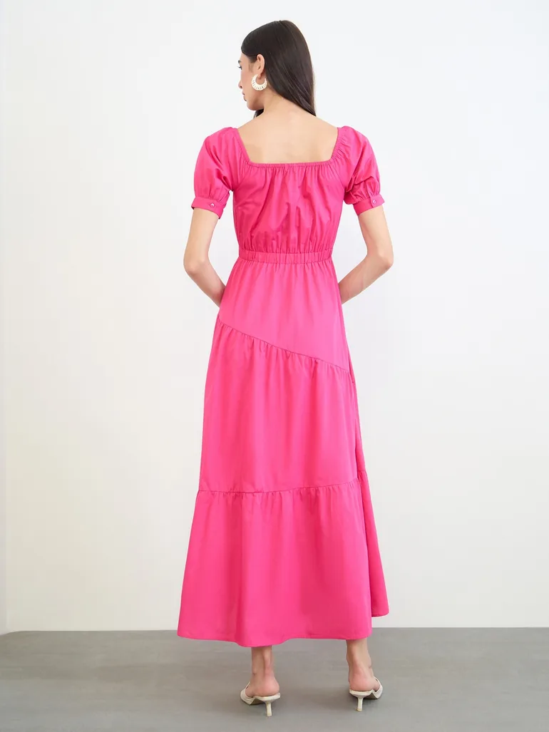 Pink Cotton Tiered Maxi Dress with Puff Sleeves - 4