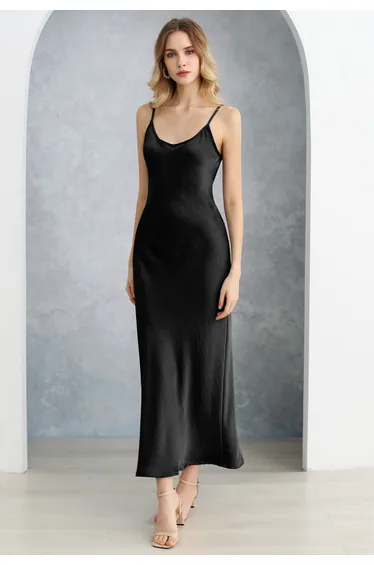 Texture Satin Backless Maxi Dress in Black