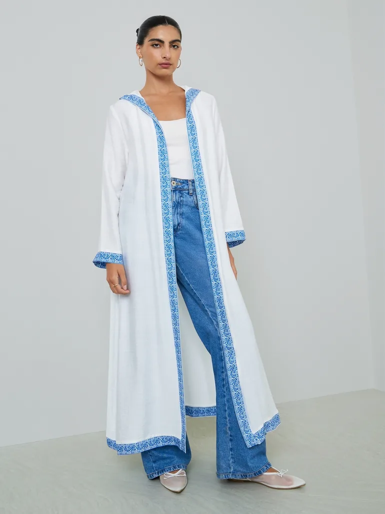 White Printed Panel Hooded Abaya