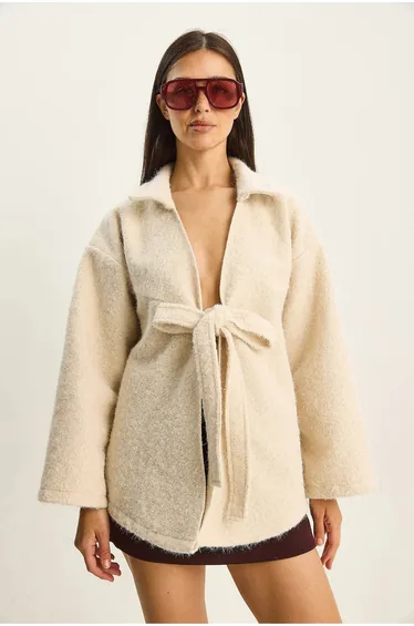LUCCI Textured Oversized V-Neck Tie Closure Cardigan