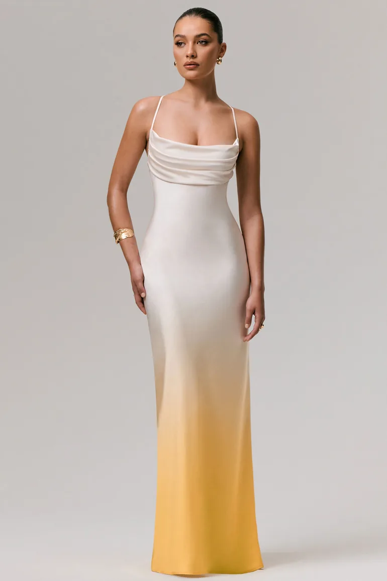 Lucie | Yellow Ombre Satin Cowl-Neck Maxi Dress - 3