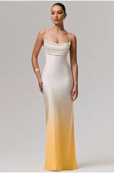فستان ماكسي ساتان بياقة منسدلة بلون متدرج لون أصفر