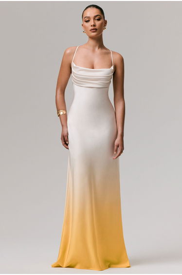 Lucie | Yellow Ombre Satin Cowl-Neck Maxi Dress
