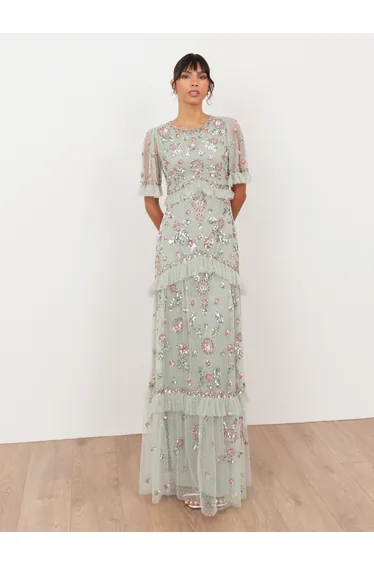 Maya Sage Green Embellished Short Sleeve Spot Mesh Maxi Dress