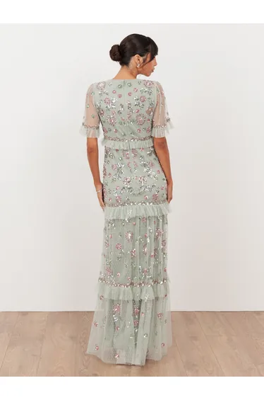 Maya Sage Green Embellished Short Sleeve Spot Mesh Maxi Dress